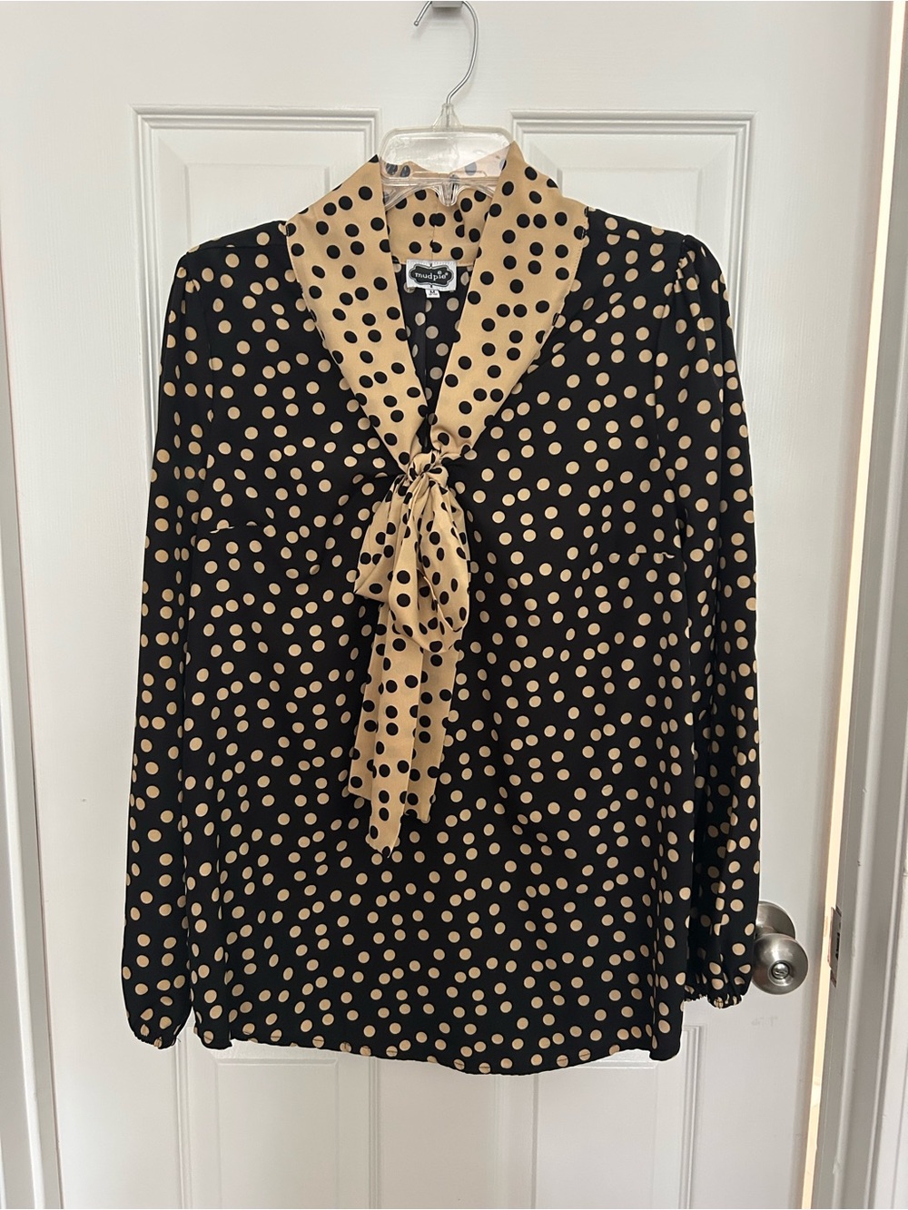 Mud Pie Black Blouse with Tan Polka Dots and Tie Neck